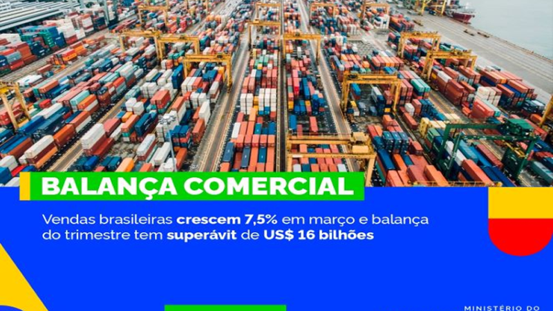 BALANÇA COMERCIAL: Vendas brasileiras crescem 7,5% em março e balança do trimestre tem superávit de US$ 16 bilhões.