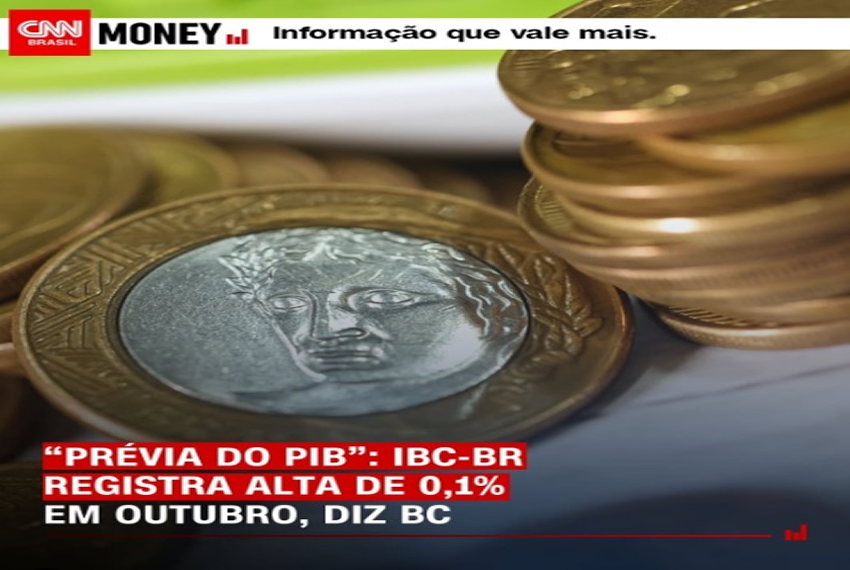 PRÉVIA DO PIB: ðO Índice de Atividade Econômica do Banco Central (IBC-Br), considerado a prévia do Produto Interno Bruto (PIB), registrou alta de 0,1% em outubro na comparação com o mês anterior, segundo dados divulgados pelo BC nesta sexta-feira (13).