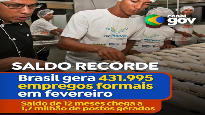 CARTEIRA ASSINADA: O Brasil gerou 431.995 empregos formais em fevereiro.